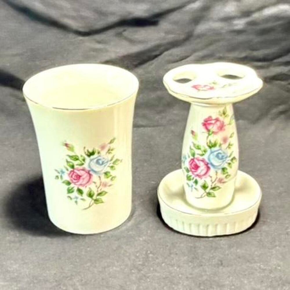 🚨 VINTAGE Japanese Hand Painted Bathroom Floral Toothbrush Holder & Cup Set 🪥
